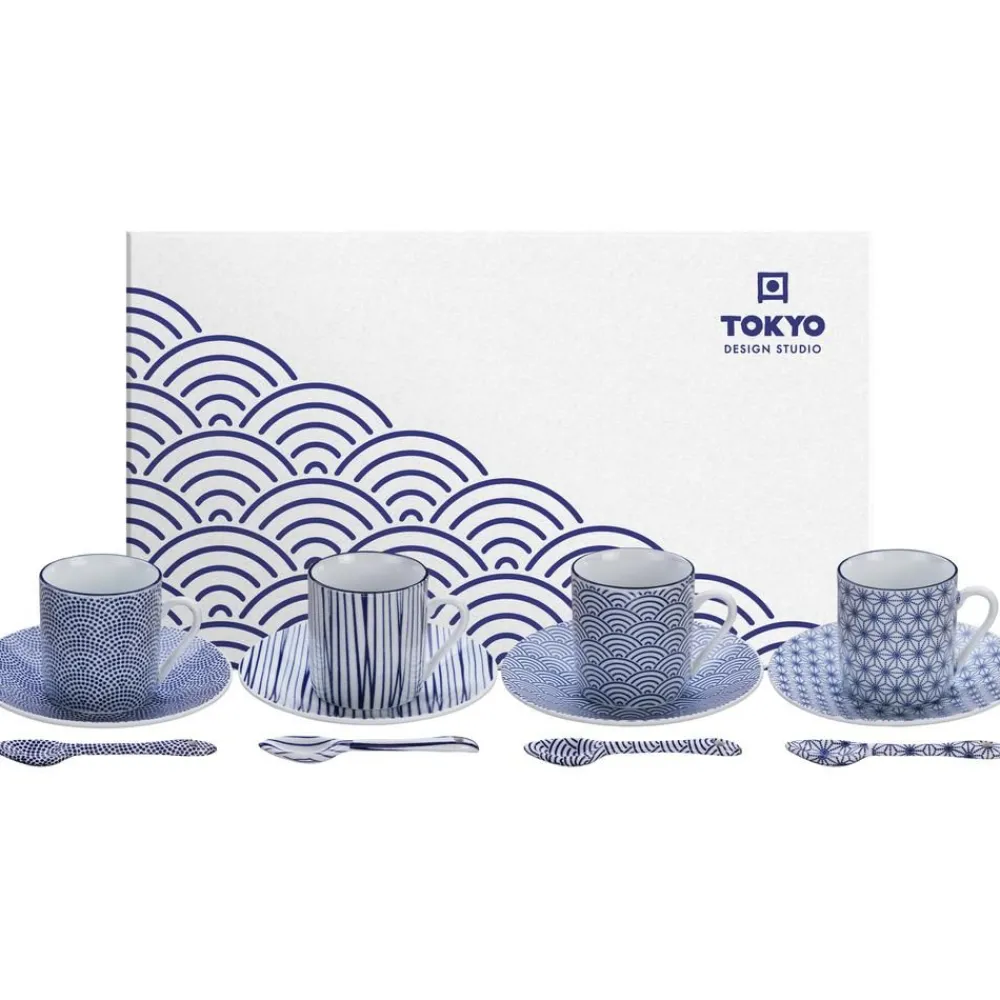 Tokyo Design Studio Filiżanki I Kubki>Komplet Recznie Wykonanych Kubkow Z Porcelany Ze Spodkiem I Lyzeczka Nippon, Dla 4 Osob (12 Elem.)